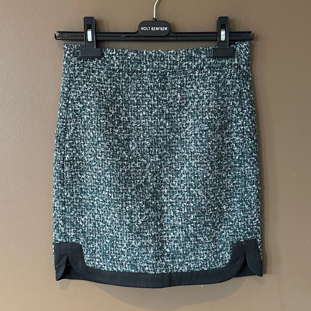 RW&CO. Green Tweed Pencil Skirt with Black Hem Trim
